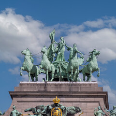 Statue of quadriga on the top of triumphal arch Cinquantenaire Arch, Brussels, Belgium