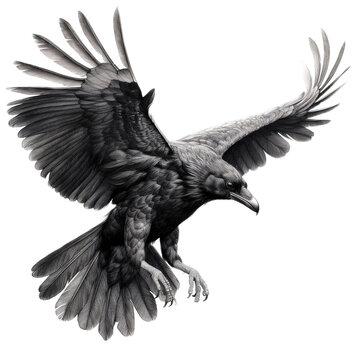 a black raven in flight, Wildlife-themed, cutout, isolated, photorealistic illustrations in a PNG. Generative AI
