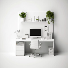mockup Home office desk , work place on blank background , personal pc desk in living room , modern living room , generative ai