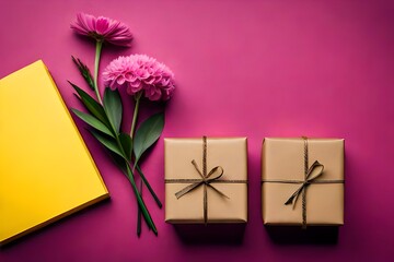 gift boxes with flowers and yellow papers isolated on magenta background