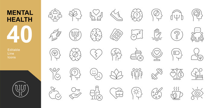 Mental Health Line Editable Icons set. Vector illustration in modern thin line style of medical icons:  components of a healthy lifestyle and mental balance. Pictograms and infographics