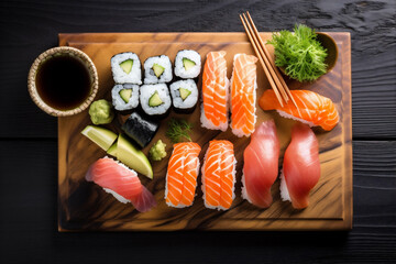 japanese meal japan sushi fish set roll rice food seafood. Generative AI.