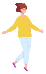 Woman floating above ground. Flying female character