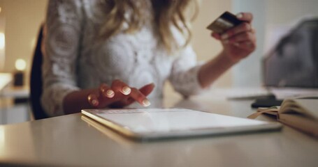 Hands, woman and credit card with tablet in office for online shopping, ecommerce and discount in night. Lady, banking and payment with typing, password and fintech for cybersecurity, sale and deal - Powered by Adobe