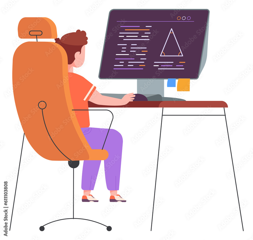 Poster kid doing math on computer screen. geometry lesson