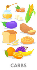 Carbs chart. Cartoon food macronutrients. Healthy nutrition