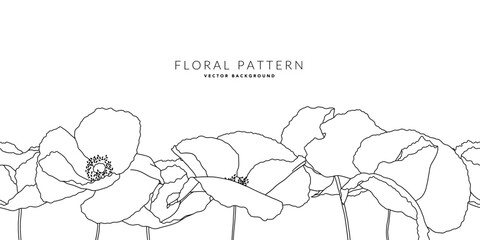 Horizontal seamless floral border with linear poppy flowers. One color elegand botanical flat vector illustration on white background. Horizontal minimalistic template for banners, invitations, web.