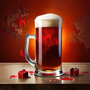 A beer glass filled with gruesome blood leaked, and the entire background is a puzzle that has one missing piece 
