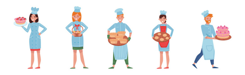 Man and Woman Baker Character in Apron and Toque Baking Bread and Pastry Vector Set