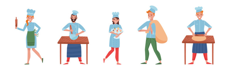 Man and Woman Baker Character in Apron and Toque Baking Bread and Pastry Vector Set