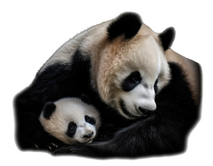 a Giant Panda bear, Momma with baby, snuggling together, Nature-themed, photorealistic illustrations in a PNG, cutout, and isolated. Generative AI