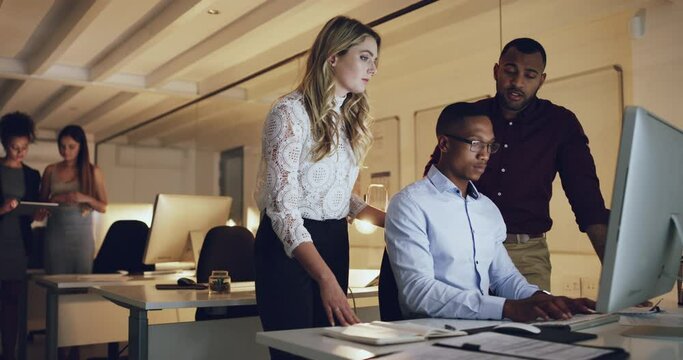 Night, team and people on computer for training in office, creative and problem solving together. Management, coaching and person group working late online for creative, brainstorming and solution