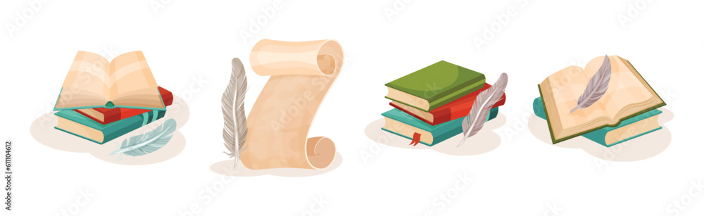 Aufkleber old books in hard cover with pages and scrolls with quill vector set