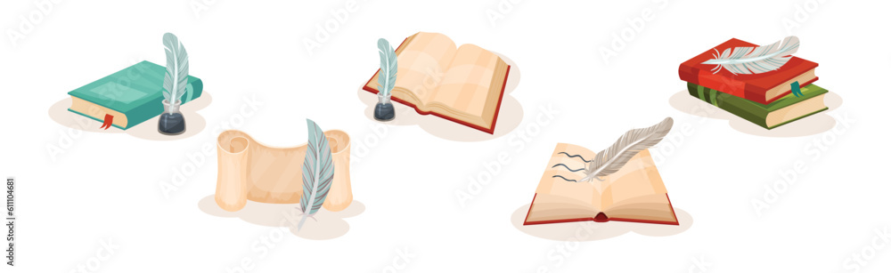 Aufkleber old books in hard cover with pages and scrolls with quill vector set