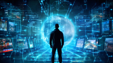 A silhouette of a person standing in front of a giant digital screen with a flow of data showing various cyber threats and vulnerabilities. Futuristic. AI generative..