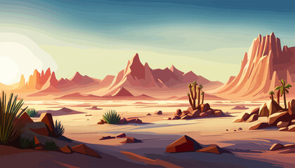Fototapeta na wymiar Desert background Summer with sun, sand, clouds, palms Trees design style Nature Landscape.