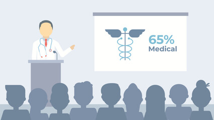 Fototapeta na wymiar Medical conference vector. Doctor's speech to an audience. Medical event illustration.