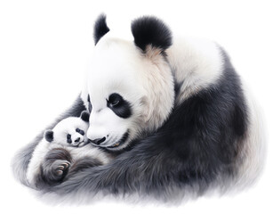 Fototapeta premium a Giant Panda bear, Momma with baby, snuggling together, Nature-themed, photorealistic illustrations in a PNG, cutout, and isolated. Generative AI