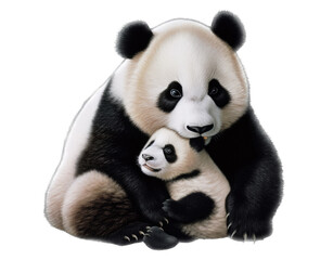 Obraz premium a Giant Panda bear, Momma with baby, snuggling together, Nature-themed, photorealistic illustrations in a PNG, cutout, and isolated. Generative AI