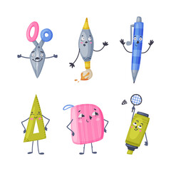 Funny School and Office Supply Humanized Character Vector Illustration Set