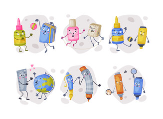 Funny School and Office Supply Humanized Character Vector Illustration Set