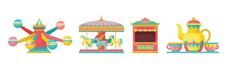 Colorful Amusement Park Funfair Carousels and Attraction Vector Set