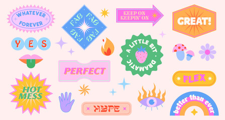 Vector set of cute funny patches and stickers in 90s style.Modern icons or symbols in y2k aesthetic with text.Trendy pop art designs for banners,social media marketing,branding,packaging,covers