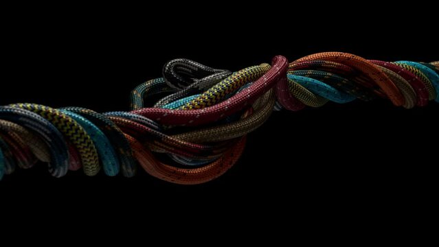 Highly detailed render of multi colored para cord intertwined over black background.