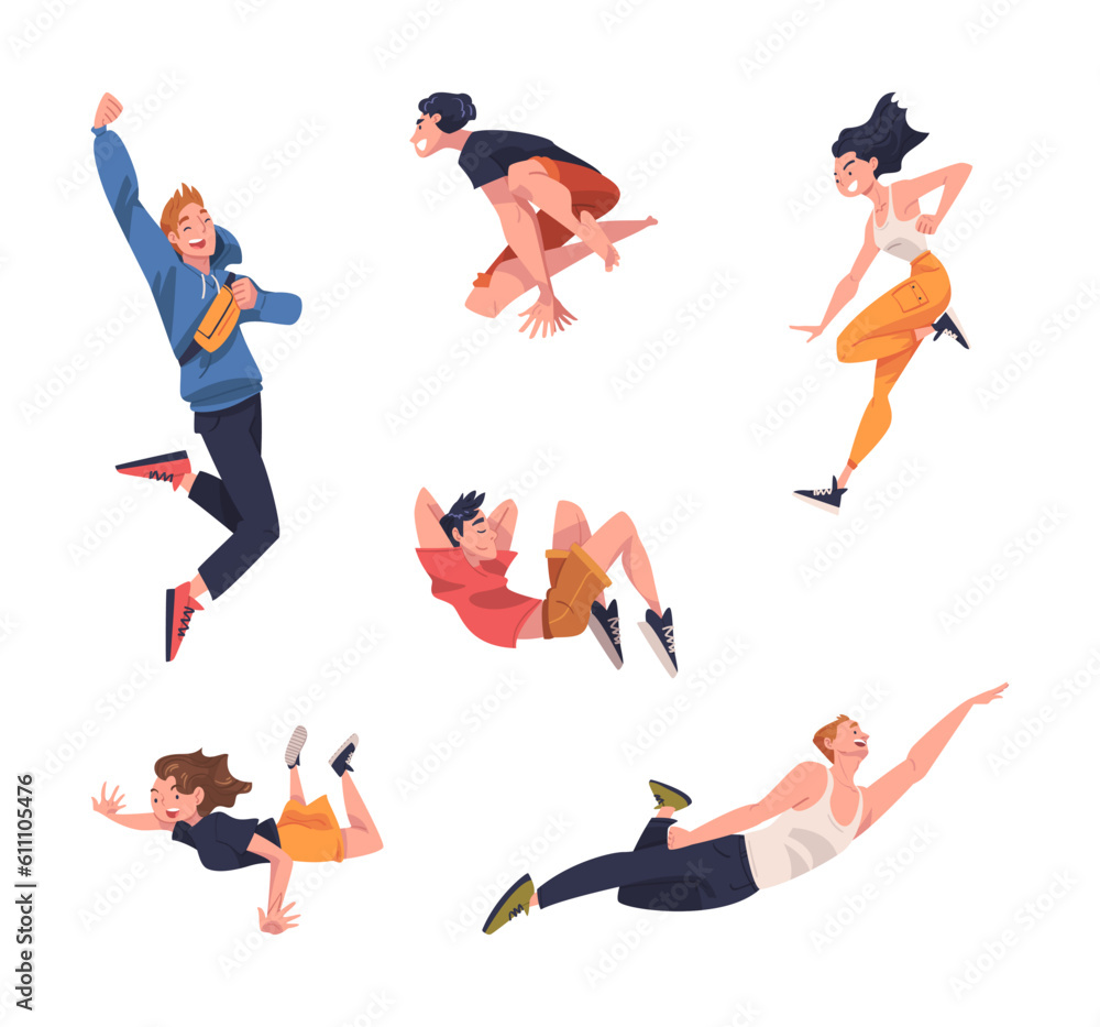 Wall mural Jumping People Character Feeling Freedom and Motion Flying in Mid Air Vector Illustration Set