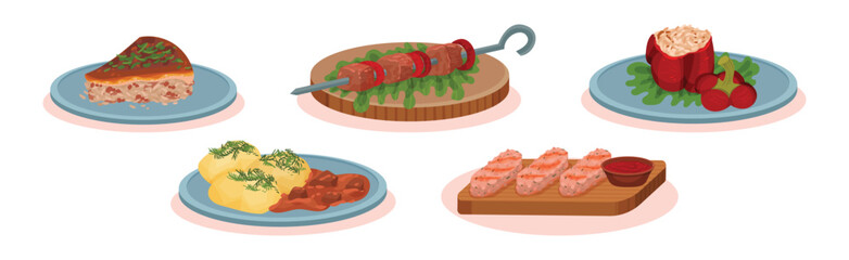 Tasty Dishes and Delicious Meal Served Vector Set