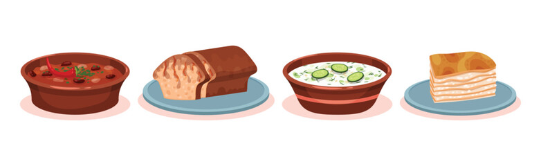 Tasty Dishes and Delicious Meal Served Vector Set
