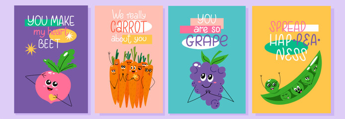 Collection of bright posters with cartoon food characters and funny short phrases.