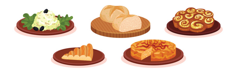 Tasty Dishes and Delicious Meal Served Vector Set