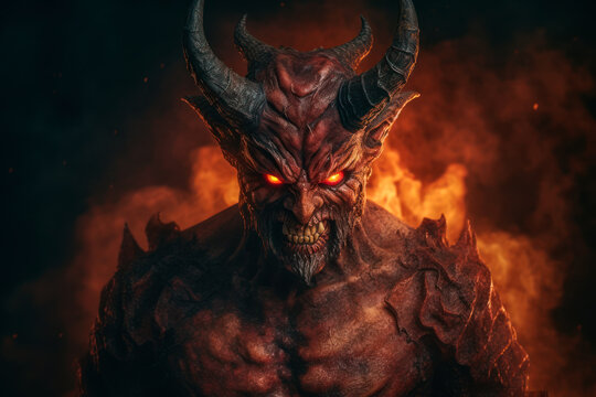 Scary demon with evil look. Glowing eyes, devil inspiration, fear and hell atmosphere. Generative AI
