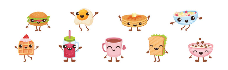 Cute Breakfast Food with Smiling Faces Vector Set