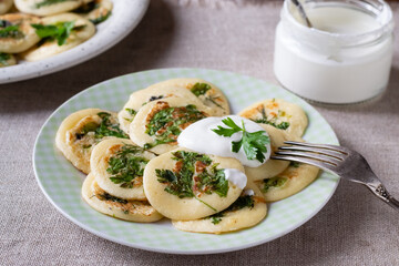 Kefir fritters or pancakes with lettuce, dill and parsley on plate with sour cream