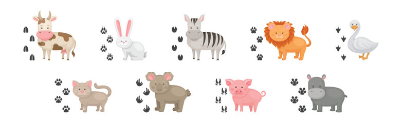 Funny Animals and Their Footprints Nearby Vector Set