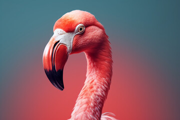 Animals and nature concept. Abstract close-up portrait of pink flamingo. Generative AI