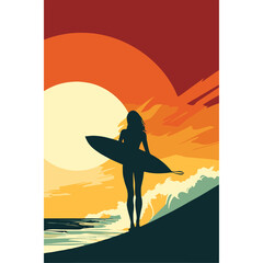 A female surfer glides on a wave, her hair flowing in the wind, as the sun sets over the beach - obrazy, fototapety, plakaty