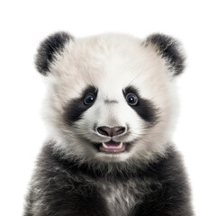 Fototapeta premium a cute Giant panda bear cub portrait, with happy dispositions, healthy-looking, best friend, Wildlife-themed, cutout, isolated, photorealistic illustrations in a PNG. Generative AI