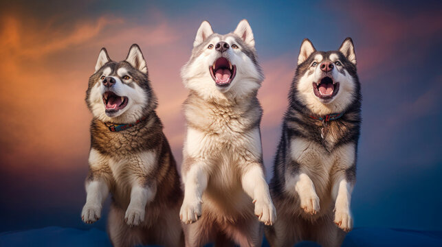 Vibrant Isolation: 3 Cute Alaskan Malamutes Catching Treats in Mid-Air. Generative AI