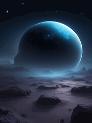 Fototapeta na wymiar Futuristic fantasy landscape, sci fi landscape with planet, neon light, cold planet. Galaxy unknown planet Dark natural