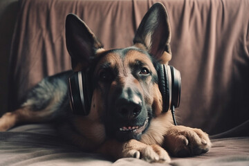 Funny cute dog listening to music wearing headphones. Ai generated