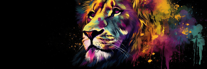 Lion portrait with color paint and feathers on black background, banner, generative AI