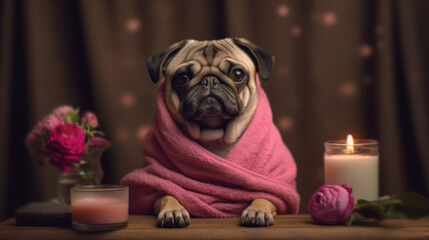Obraz na płótnie Canvas Tranquil Pug Dog Covered in Towel in Spa Studio. Generative AI