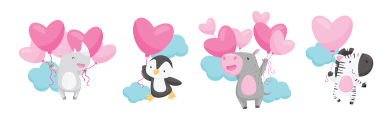 Funny Animals Flying with Heart Pink Balloon Among Clouds Vector Set
