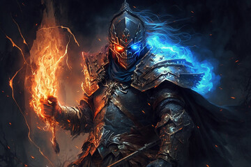 Impressive scary warrior king character with fire. Ai generated
