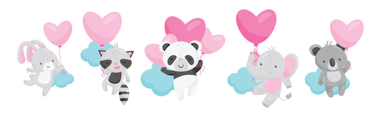 Funny Animals Flying with Heart Pink Balloon Among Clouds Vector Set