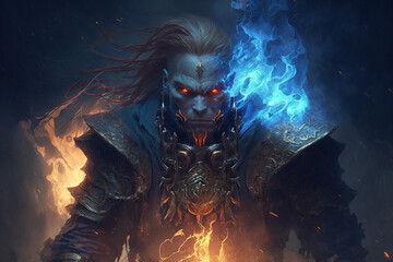 Impressive scary warrior king character with fire. Ai generated