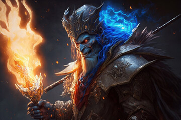 Impressive scary warrior king character with fire. Ai generated